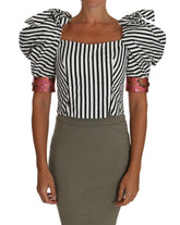 Dolce & Gabbana White Black Striped Cropped Top Puff Sleeve Shirts -   -  Dolce & Gabbana.